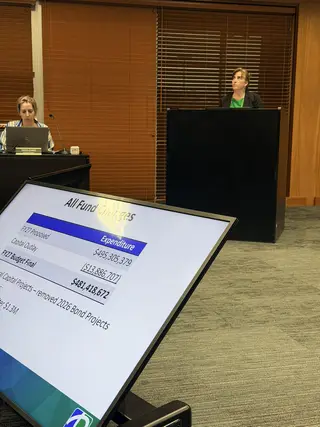 City staff presenting final fund changes during Pflugerville's fiscal year 2027 budget and tax rate hearing