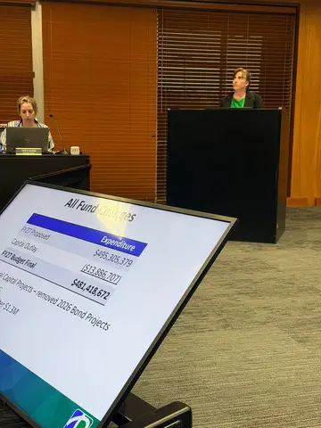 City staff presenting final fund changes during Pflugerville's fiscal year 2027 budget and tax rate hearing