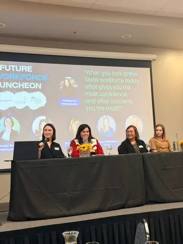 Workforce and education leaders speaking on a panel at the Pflugerville Chamber's PFuture Workforce luncheon