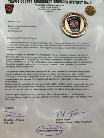 Letter from Pflugerville Fire Department and ESD #2 thanking Jonathan Coffman for supporting stronger emergency medical services