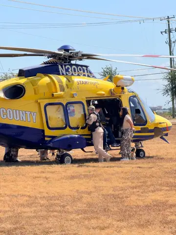 A Travis County STAR Flight helicopter on display during Pflugerville Public Safety Day