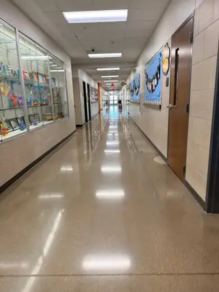 A hallway at Timmerman Elementary with student artwork in display cases and on bulletin boards